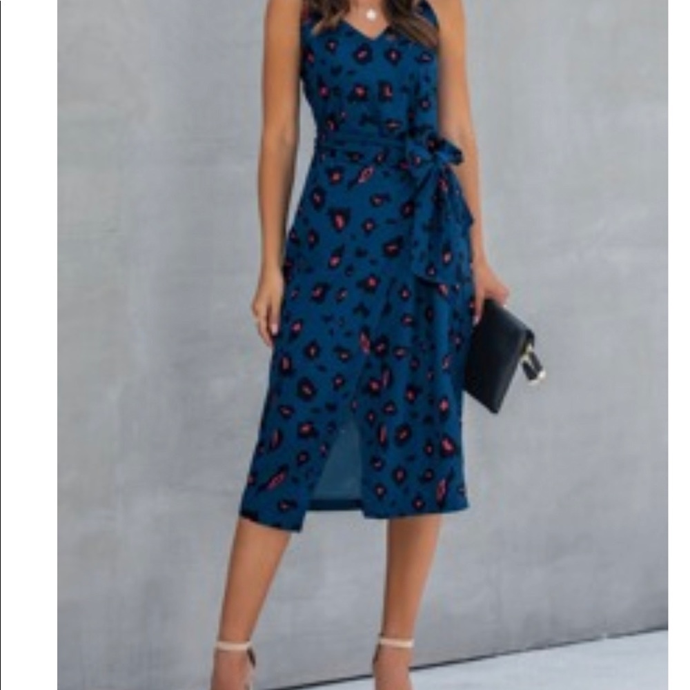 Teal tie front leopard print sundress